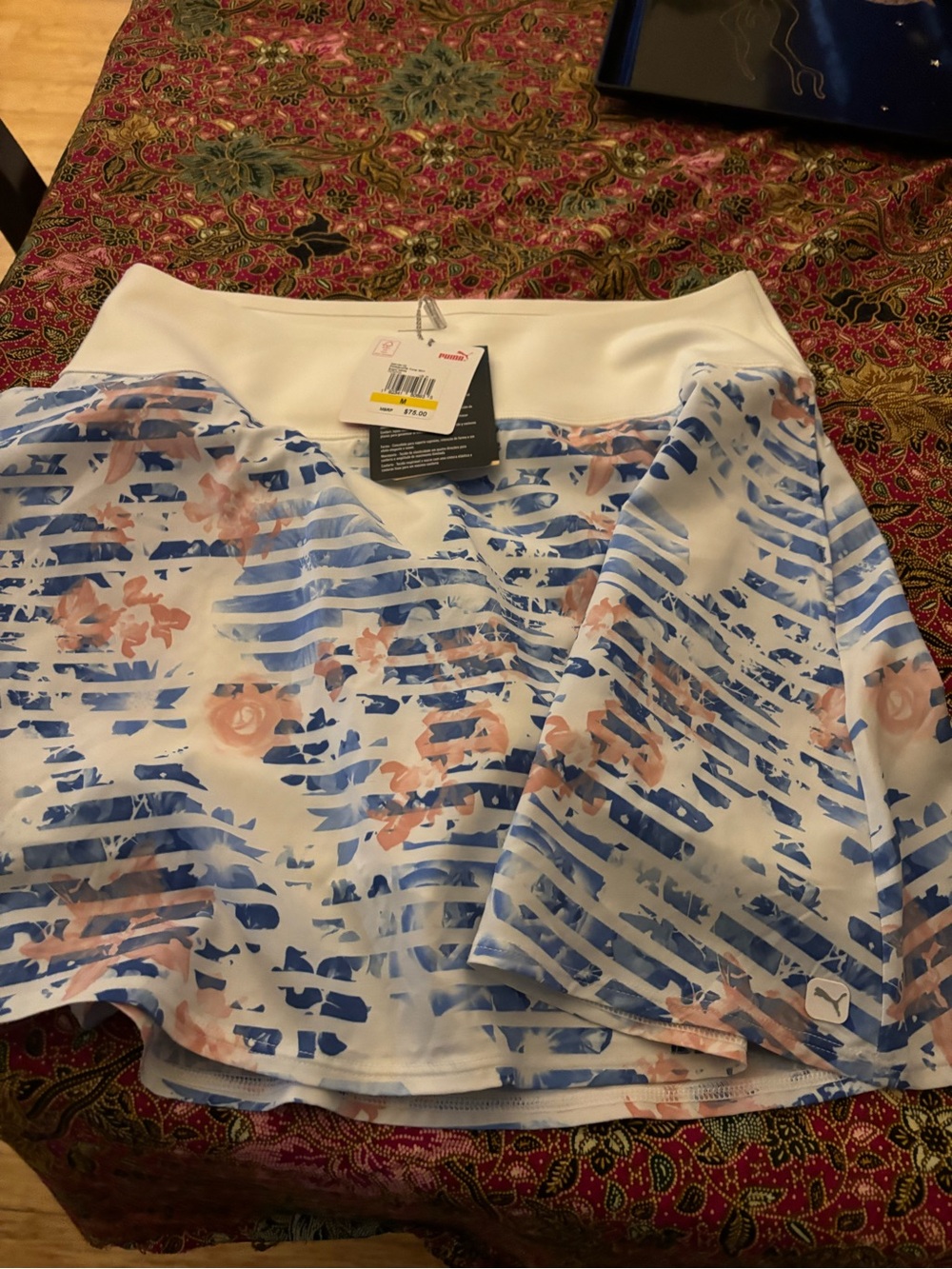 Puma White Golf Skort with Blue Stripes & Blush Floral Print